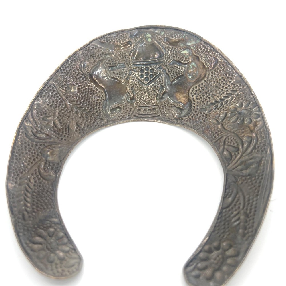 Vintage Brass Heraldic Gorget Collar Necklace Torque Repoussé Horses Shield - Picture 6 of 14